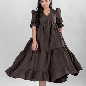 100% Organic Cotton Maxi Dress, Chocolate Tiered and Layered Dress, Comfortable Everyday Boho Oversized Dress, Plus Size Maxi Dress
