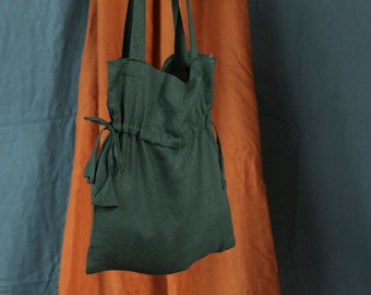 Linen drawstring bag , Green Linen bag, linen shopping bag, oversized linen Bag, beach bag.
