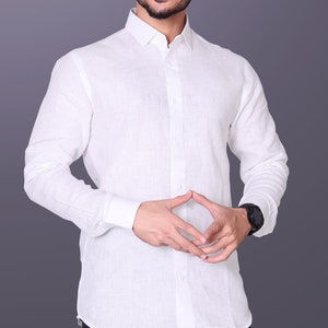 White linen shirt  for men, classic linen shirt with buttons, wedding linen shirt, summer shirt, valentines day gift
