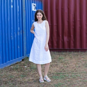 White Linen Dress With Side Pockets, Loose Linen Dress, Women Oversized Linen Dress, Medium Length Linen Dress, Summer Linen Dress image 1