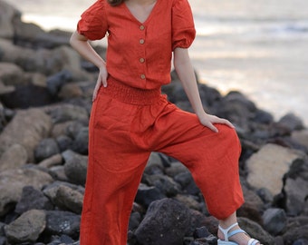 Orange Color Linen Jumpsuit or Dress - Short Sleeve, Loose fitting, Pure Line Fabric