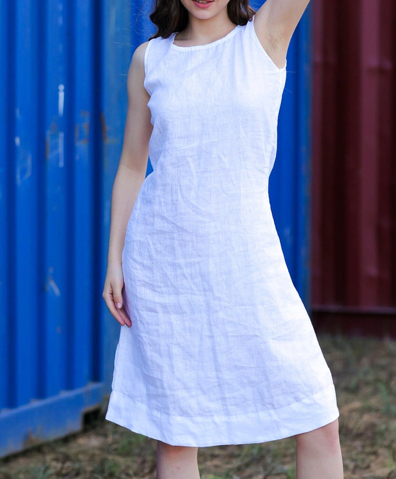 White Linen Dress With Side Pockets, Loose Linen Dress, Women Oversized Linen Dress, Medium Length Linen Dress, Summer Linen Dress image 2