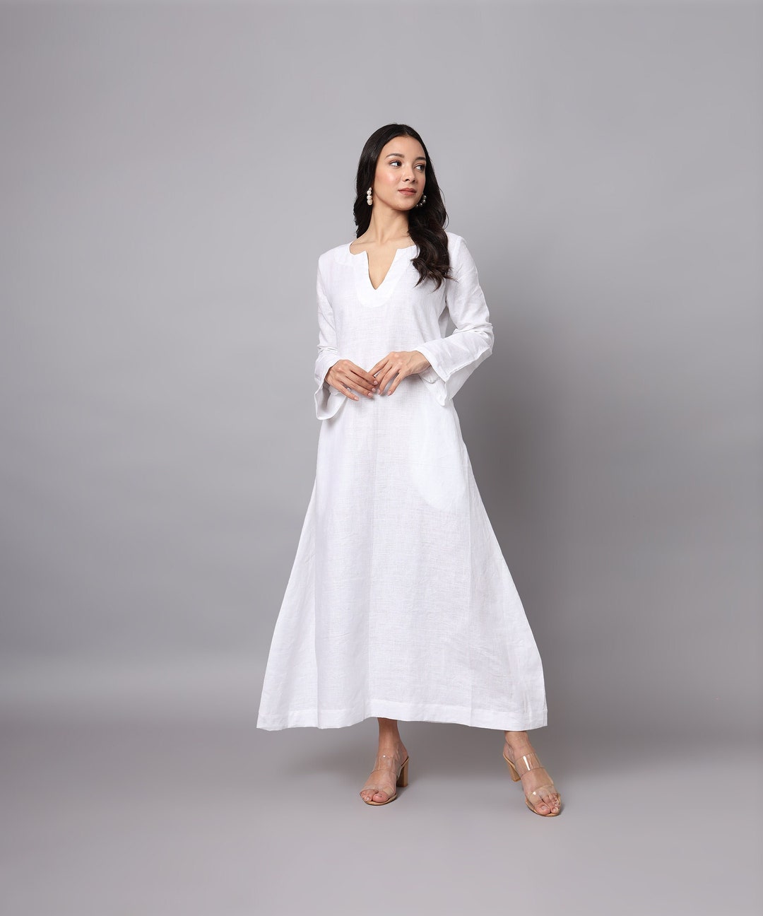 Long White Linen Kaftan Dress, White Abaya, Ankle Length Dress, Long ...