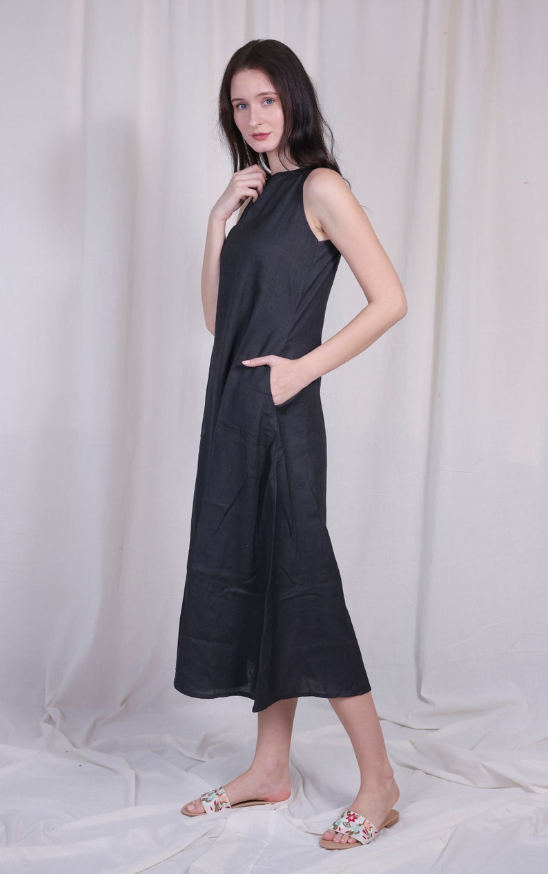 Long Linen Dress, Black Linen Dress With Pockets and Back Chain ...