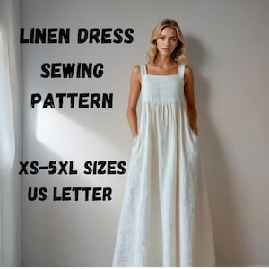 Linen Maxi Dress Sewing Pattern - PDF, XS-5XL Sizes Sleeveless Boho Summer Dress with Pockets, Sewing Pattern