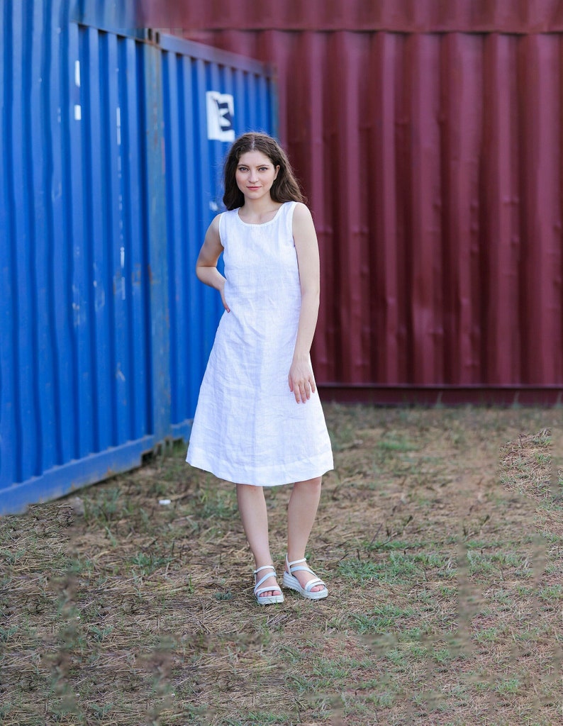 White Linen Dress With Side Pockets, Loose Linen Dress, Women Oversized Linen Dress, Medium Length Linen Dress, Summer Linen Dress image 1