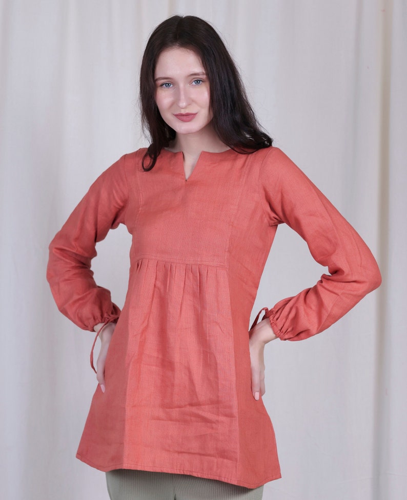 Brown Linen Dress Tunic top with Pockets, Summer Dress, Knee Length, Custom Size, Pure Linen Tunic image 2