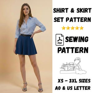 May include: A woman wearing a blue and white striped shirt and a navy blue skirt. The image also includes text that says "SHIRT & SKIRT SET PATTERN" and "SEWING PATTERN". The pattern is available in XS-3XL sizes.