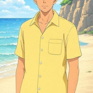 Puede incluir: Un hombre con el pelo corto y castaño lleva una camisa amarilla abotonada con un bolsillo en el lado izquierdo y pantalones grises claros. Está de pie en una playa con un mar azul y un acantilado rocoso en el fondo.