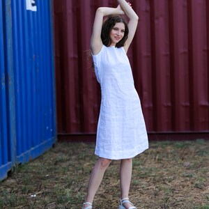 White Linen Dress With Side Pockets, Loose Linen Dress, Women Oversized Linen Dress, Medium Length Linen Dress, Summer Linen Dress image 5