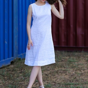 White Linen Dress With Side Pockets, Loose Linen Dress, Women Oversized Linen Dress, Medium Length Linen Dress, Summer Linen Dress image 4