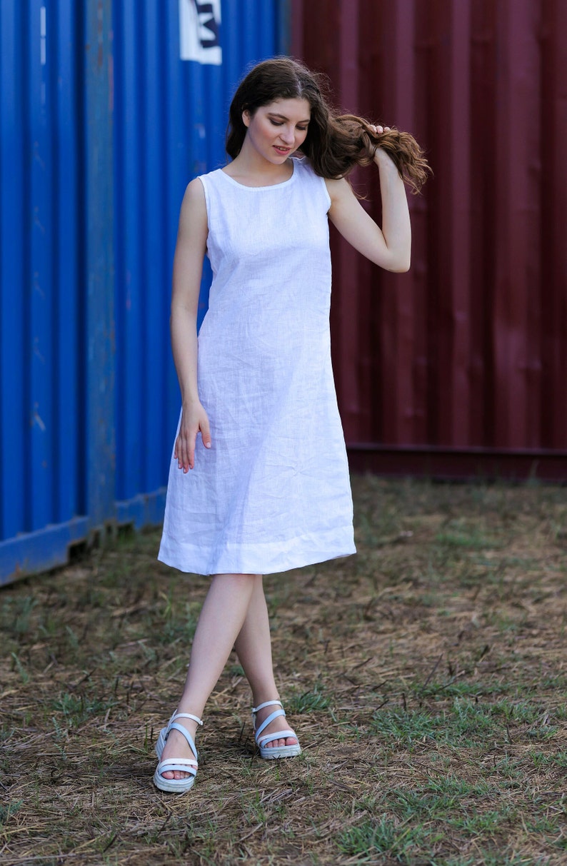 White Linen Dress With Side Pockets, Loose Linen Dress, Women Oversized Linen Dress, Medium Length Linen Dress, Summer Linen Dress image 4