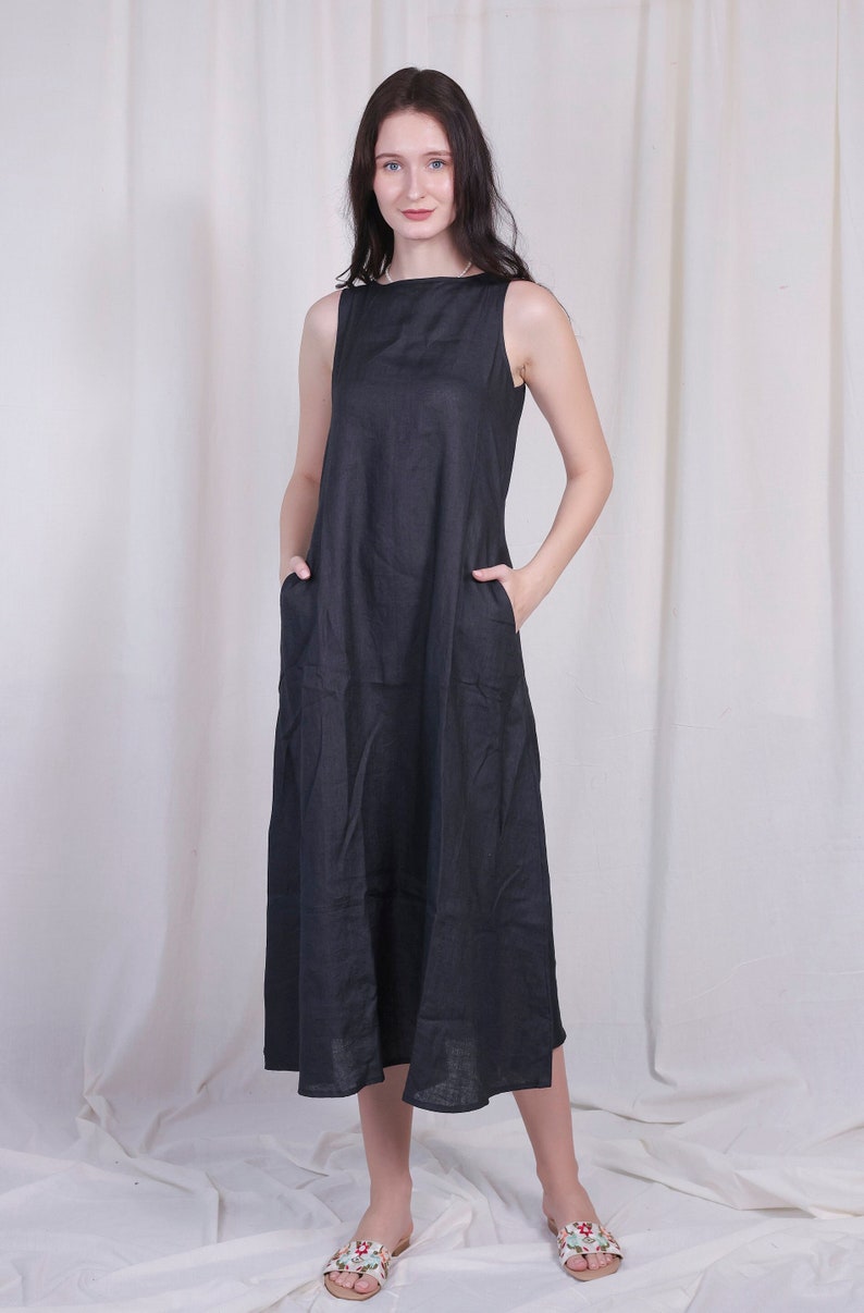 Long Linen Dress, Black Linen Dress With Pockets and Back Chain ...