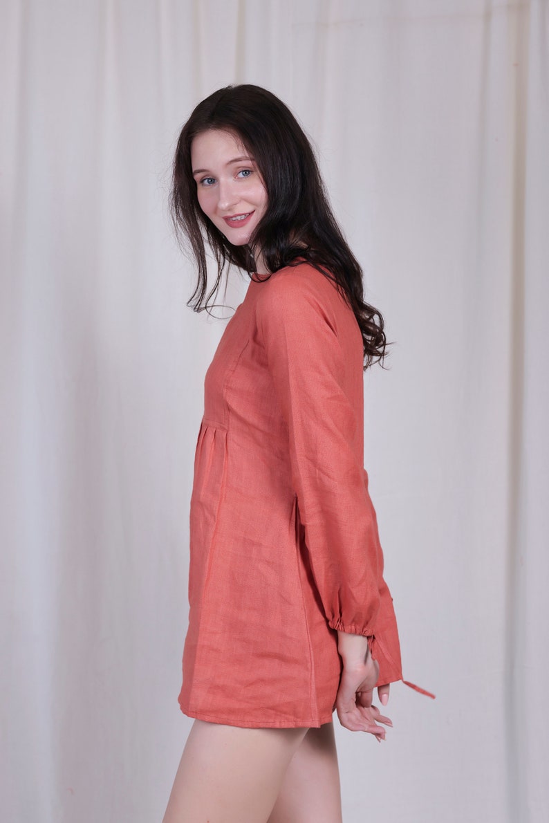 Brown Linen Dress Tunic top with Pockets, Summer Dress, Knee Length, Custom Size, Pure Linen Tunic image 4