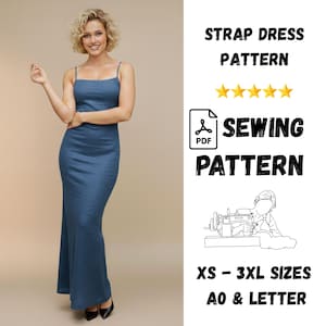 May include: A woman wearing a denim blue strap dress. The image also features text that reads "STRAP DRESS PATTERN", "SEWING PATTERN", and "XS - 3XL SIZES A0 & LETTER".