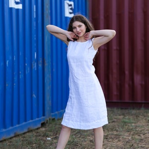 White Linen Dress With Side Pockets, Loose Linen Dress, Women Oversized Linen Dress, Medium Length Linen Dress, Summer Linen Dress image 6