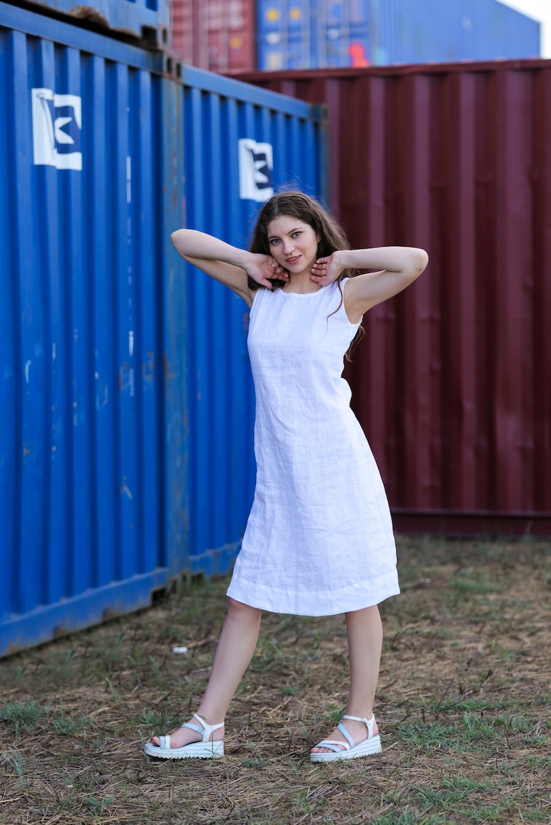 White Linen Dress With Side Pockets, Loose Linen Dress, Women Oversized Linen Dress, Medium Length Linen Dress, Summer Linen Dress image 6