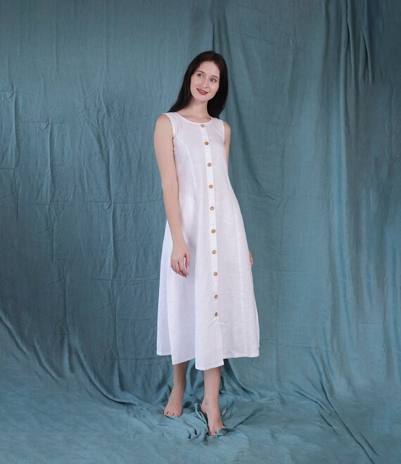 chinese dress ladies White Linen Button Front Dress