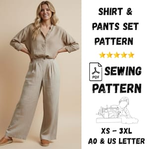 Puede incluir: Una mujer con una camisa de lino beige y pantalones anchos a juego. La imagen incluye el texto "SHIRT & PANTS SET PATTERN" y "SEWING PATTERN" con tallas XS-3XL y AO & US LETTER.