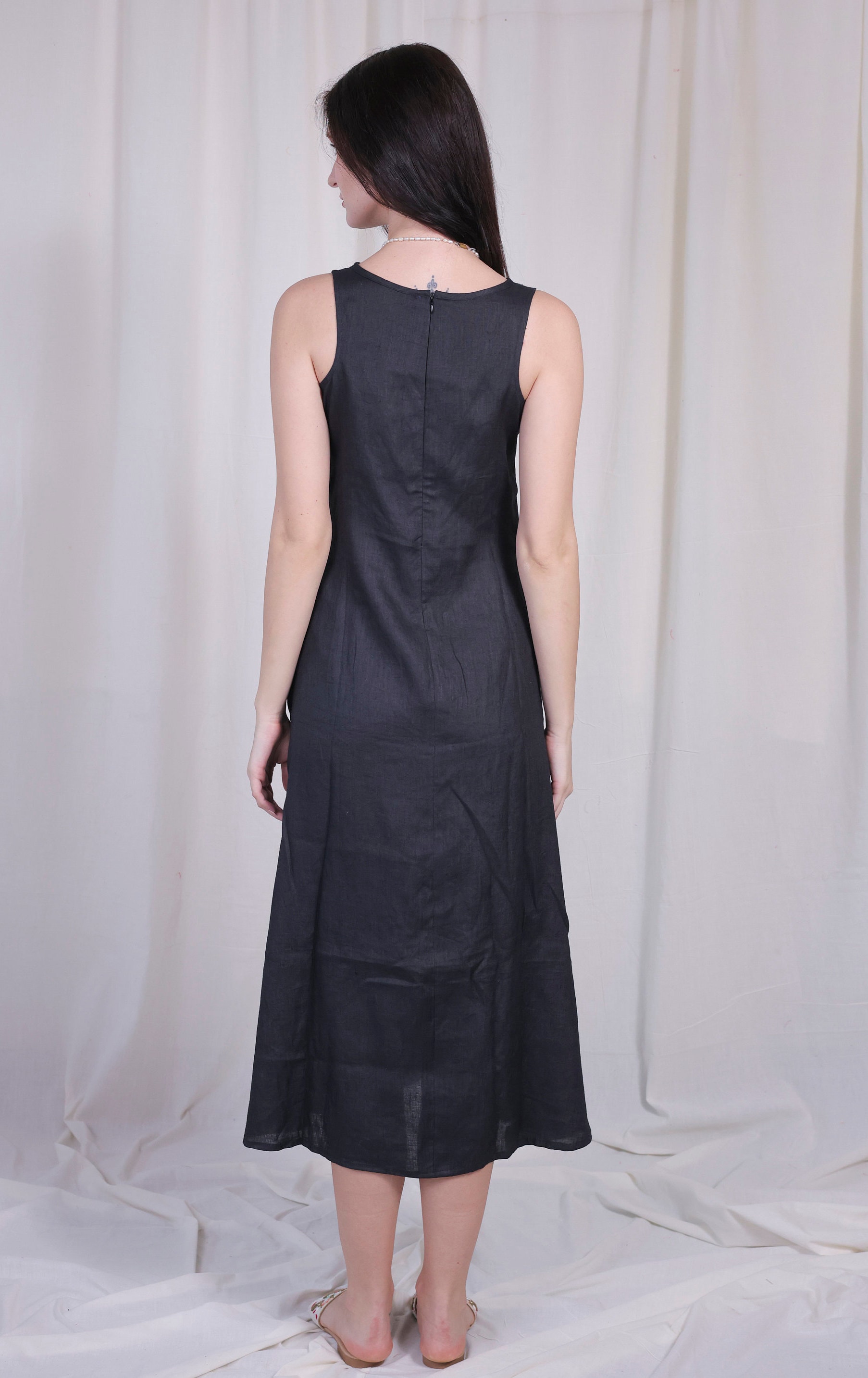 Long Linen Dress, Black Linen Dress With Pockets and Back Chain ...