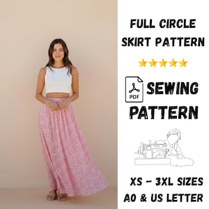 May include: A woman in a white crop top and a pink floral maxi skirt. The image includes text that reads "FULL CIRCLE SKIRT PATTERN" and "SEWING PATTERN" with size options "XS - 3XL SIZES" and "AO & US LETTER".