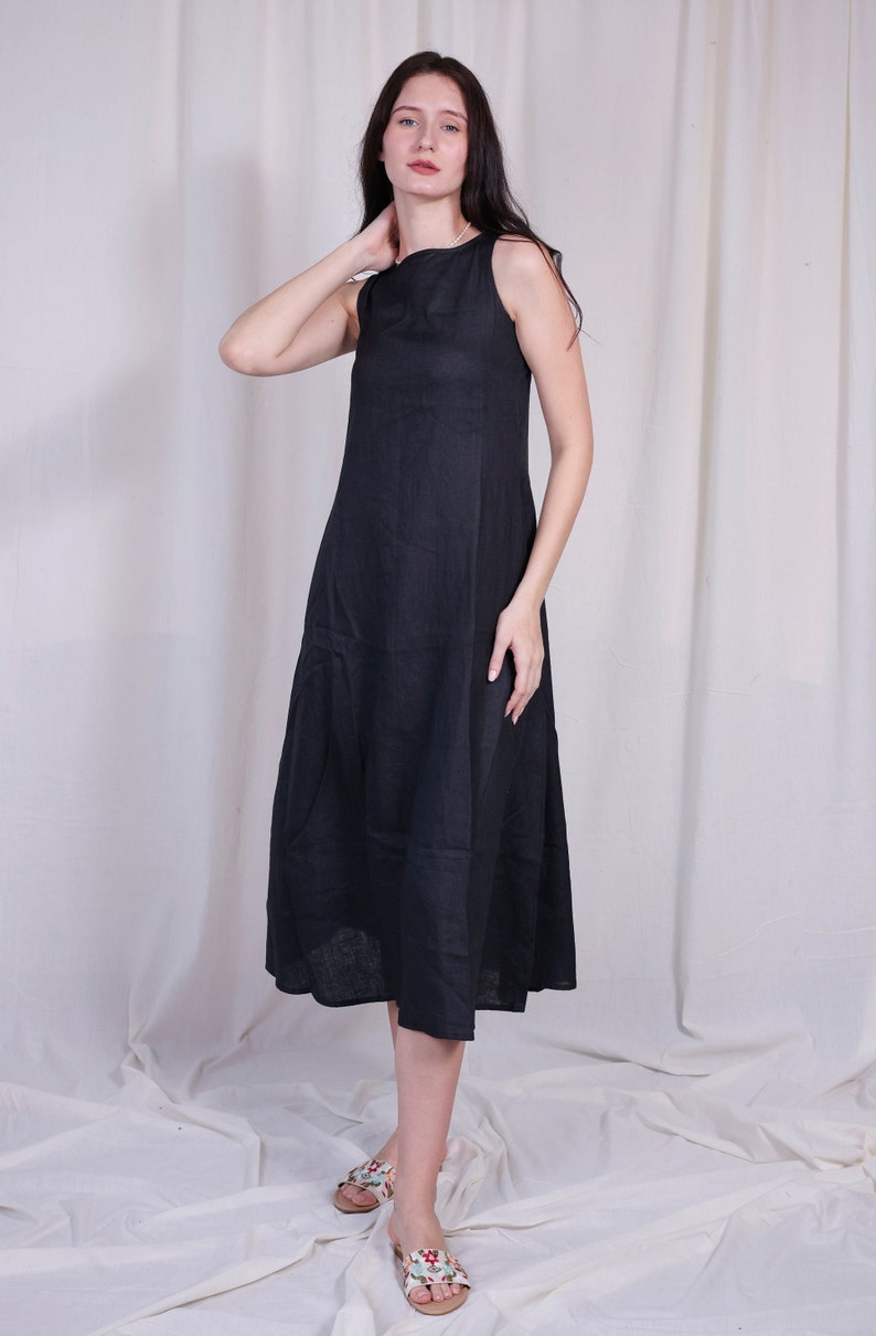 Long Linen Dress, Black Linen Dress With Pockets and Back Chain ...