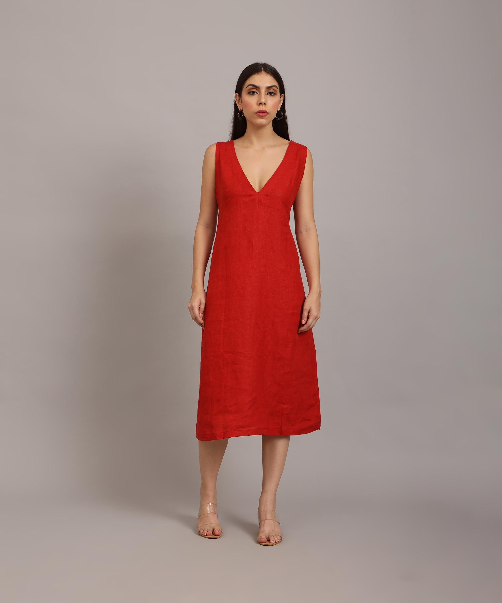 Deep V Neck Dress, Linen Sundress, Red Linen Dress, Linen Maxi Dress, Knee Length Dress, Romantic Dress, Long Linen Dress, Sleeveless Dress