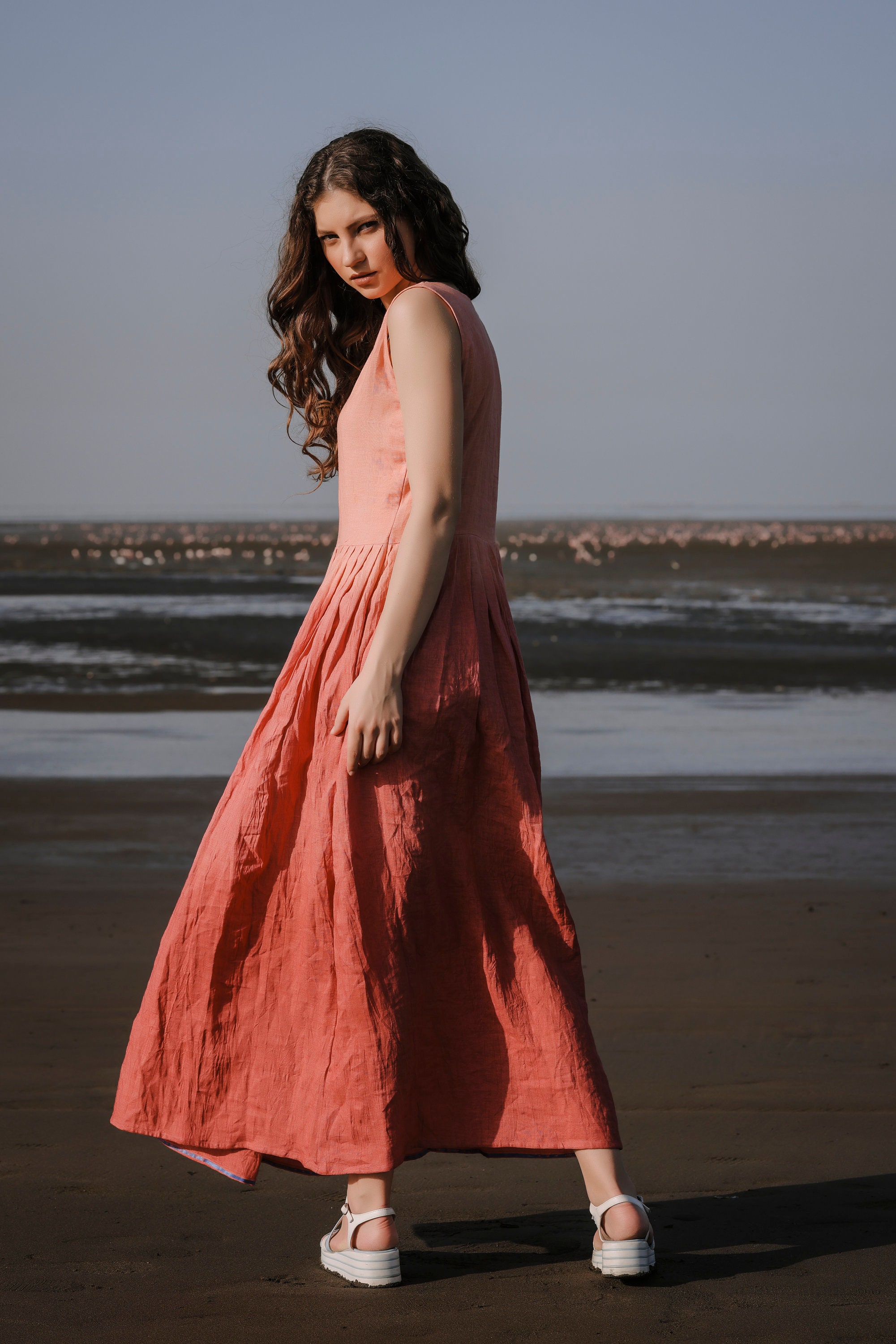 Women Summer Artsy Pure Color 100%Linen O-Neck Dress