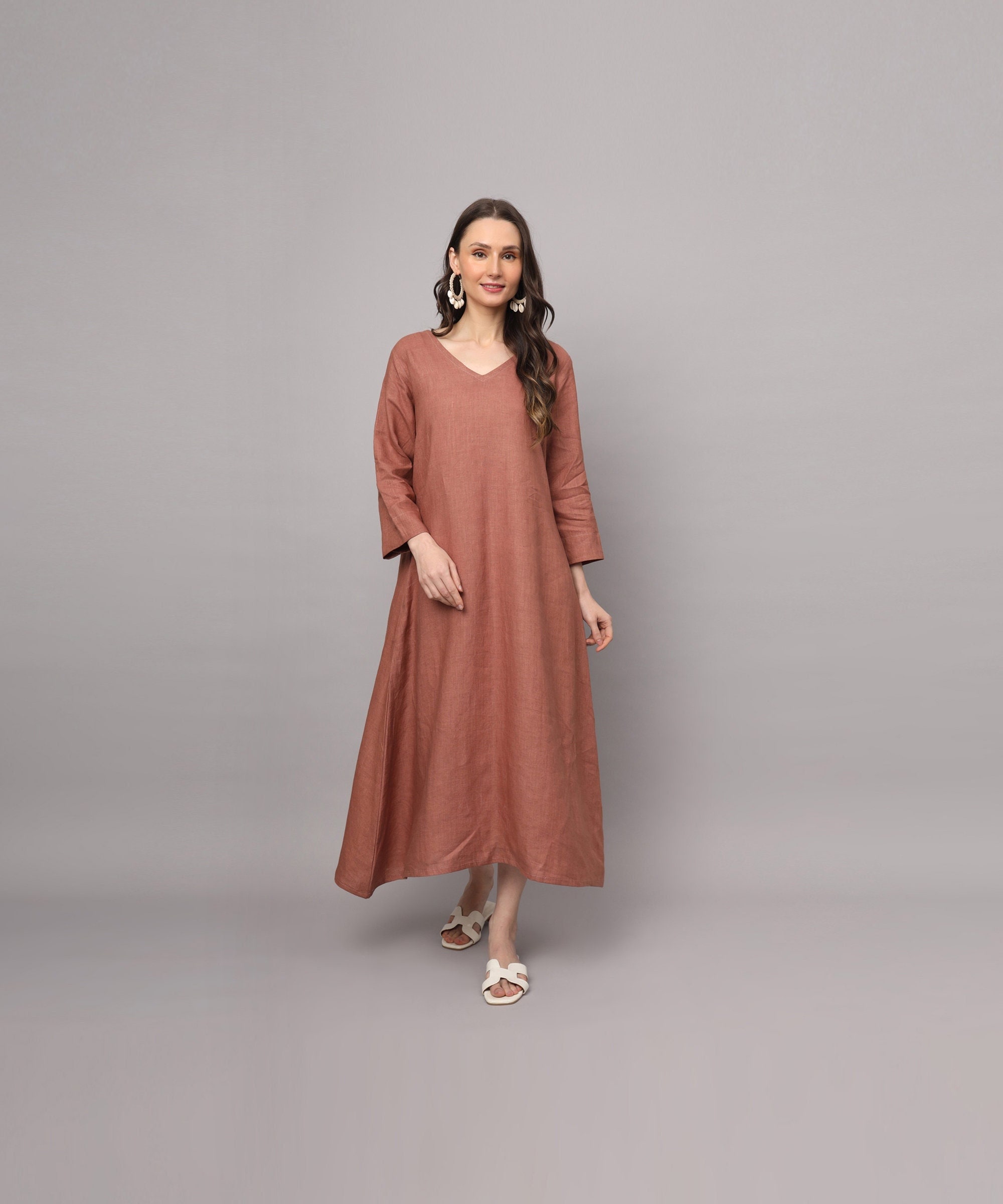 Long Linen Dress, Linen Maxi Dress With Pockets, Long Sleeve Linen ...