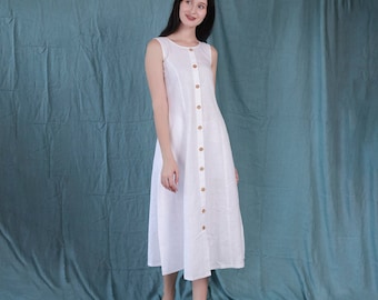 Sleeveless White Linen Dress, Linen Button Down Summer Dress, Comfy Maxi, Boho Gown With Pockets