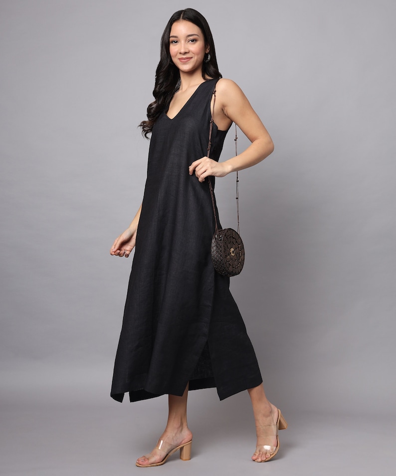 Long Linen Dress, Black Linen Dress, Linen V-neck Dress , Sleeveless ...