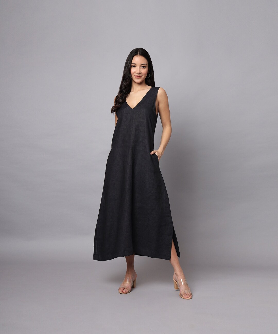 Long Linen Dress, Black Linen Dress, Linen V-neck Dress , Sleeveless ...