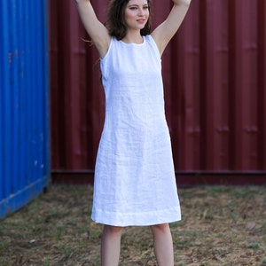 White Linen Dress With Side Pockets, Loose Linen Dress, Women Oversized Linen Dress, Medium Length Linen Dress, Summer Linen Dress image 3