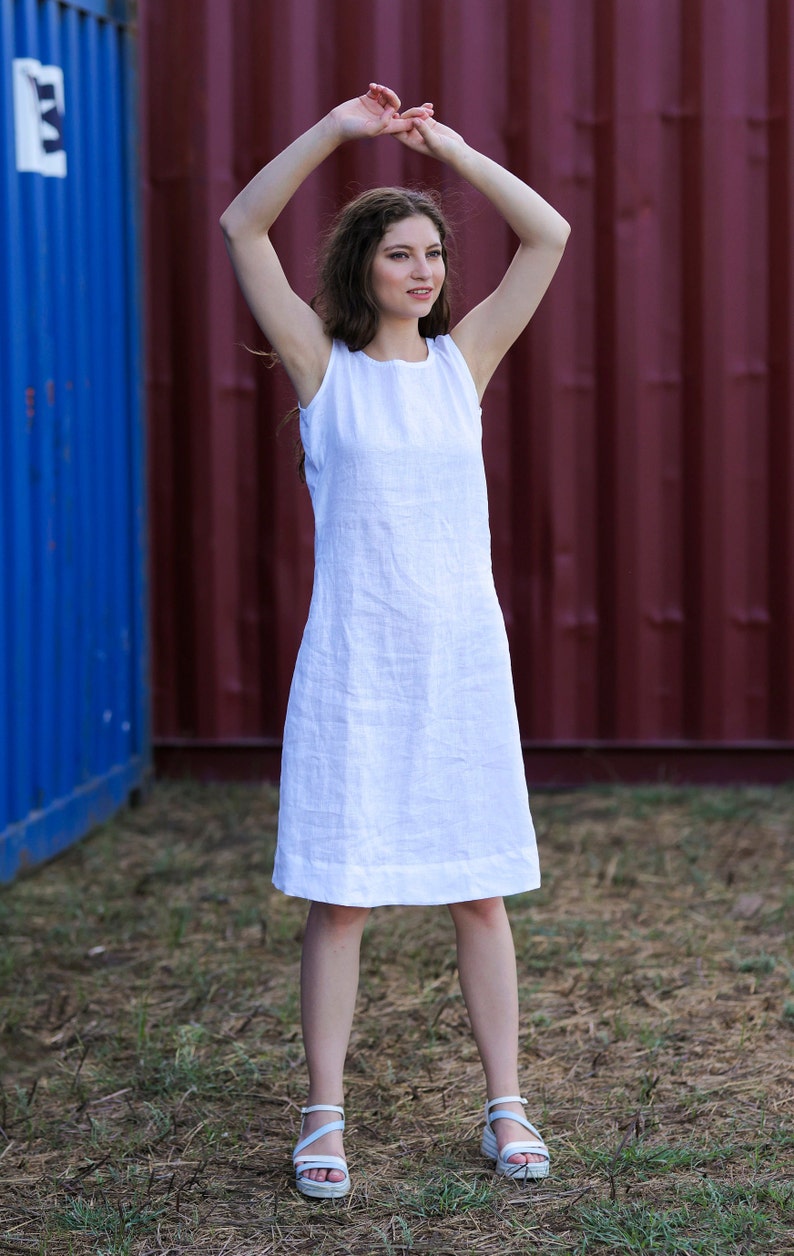 White Linen Dress With Side Pockets, Loose Linen Dress, Women Oversized Linen Dress, Medium Length Linen Dress, Summer Linen Dress image 3