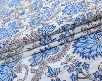 Tela estampada floral azul y blanca, tela 100% lino cortada a medida, tela estampada de algodón puro por metro