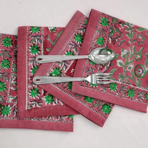 Hand Block Print Cotton Napkin: Pink & Green Floral Dinner Napkin
