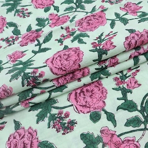 Pink, White and Green block print floral fabric, 100% linen fabric by the yard, pure cotton block print fabric by the meter