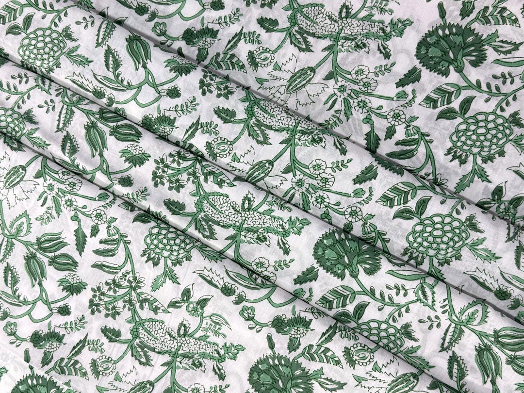 Green and White Floral Block Print Cotton Fabric - Indian Floral Design ...