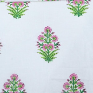 Pink, Green and White block print floral fabric, 100% linen fabric by the yard, pure cotton block print fabric by the meter