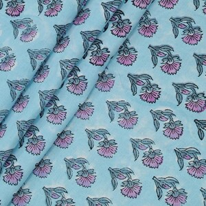 Blue Floral Blockprint Cotton Fabric: Handstamped Indian Fabric