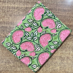 Pink and Green Block print Floral Fabric by the meter, Pure Cotton Fabric, Fabric by the Yard, Handstamped
