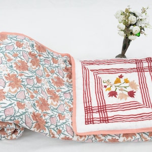 Block Printed Quilted Throw Blanket 100% Cotton Quilt, Cover for Couch and Bed, Sage Lap Bedding Coverlet, Luxury Oversized Quilted Throw