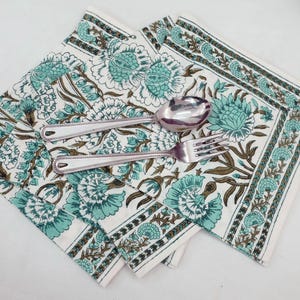 Hand Block Print Cotton Napkin: Blue Green Floral