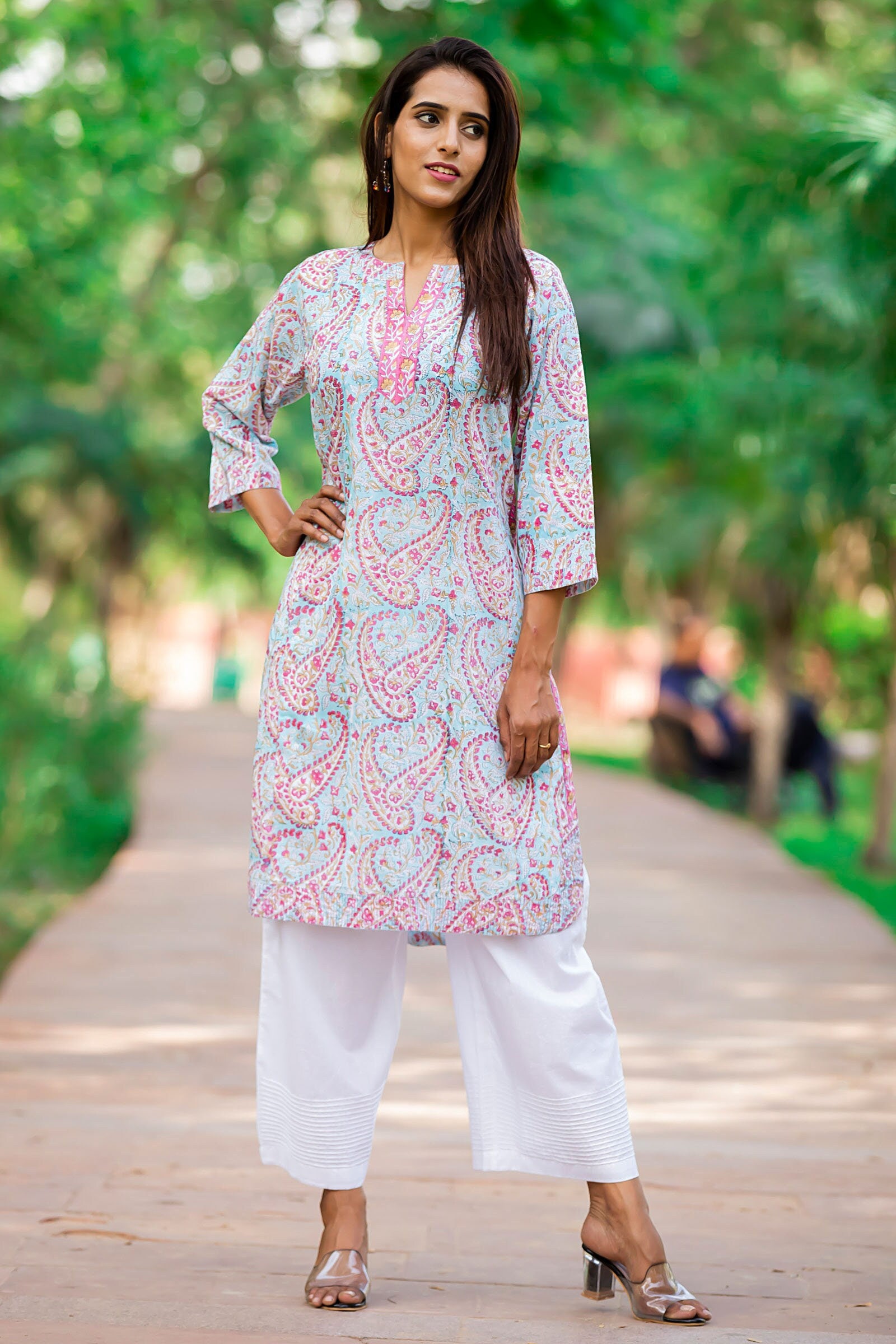 Light Pink Pure Cotton Printed Western Dress main image 1