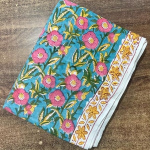 Blue and Pink Pure cotton hand block print fabric by the Yard, Cotton fabric yard, dress fabric, handstamped