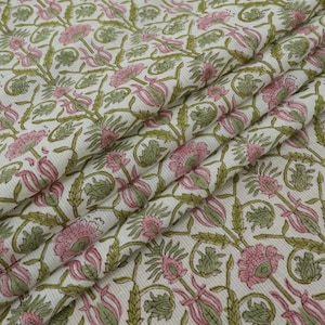 Green and Pink colour block print floral fabric, 100% linen fabric by the yard, pure cotton block print fabric by the meter
