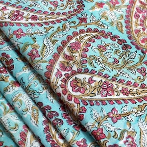 Mughal Print Cotton Fabric: Blue & Pink Floral Hand Block Print