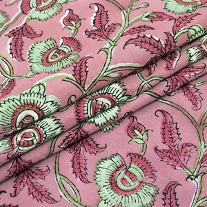 Pink Floral Cotton Fabric: Hand Block Print Indian Fabric by the Yard