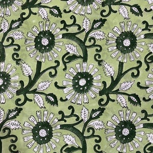 Green and White colour floral hand block print pure indian cotton fabric by the yard, fabric by the meter, handstamped