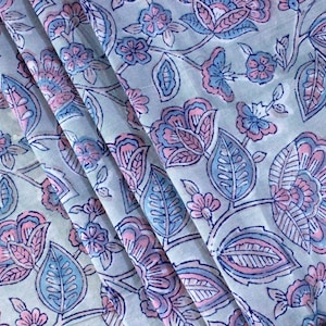 Blue and Pink Colour Pure Cotton Hand Block Print Indian Floral Fabric by the Yard, Fabric by the meter
